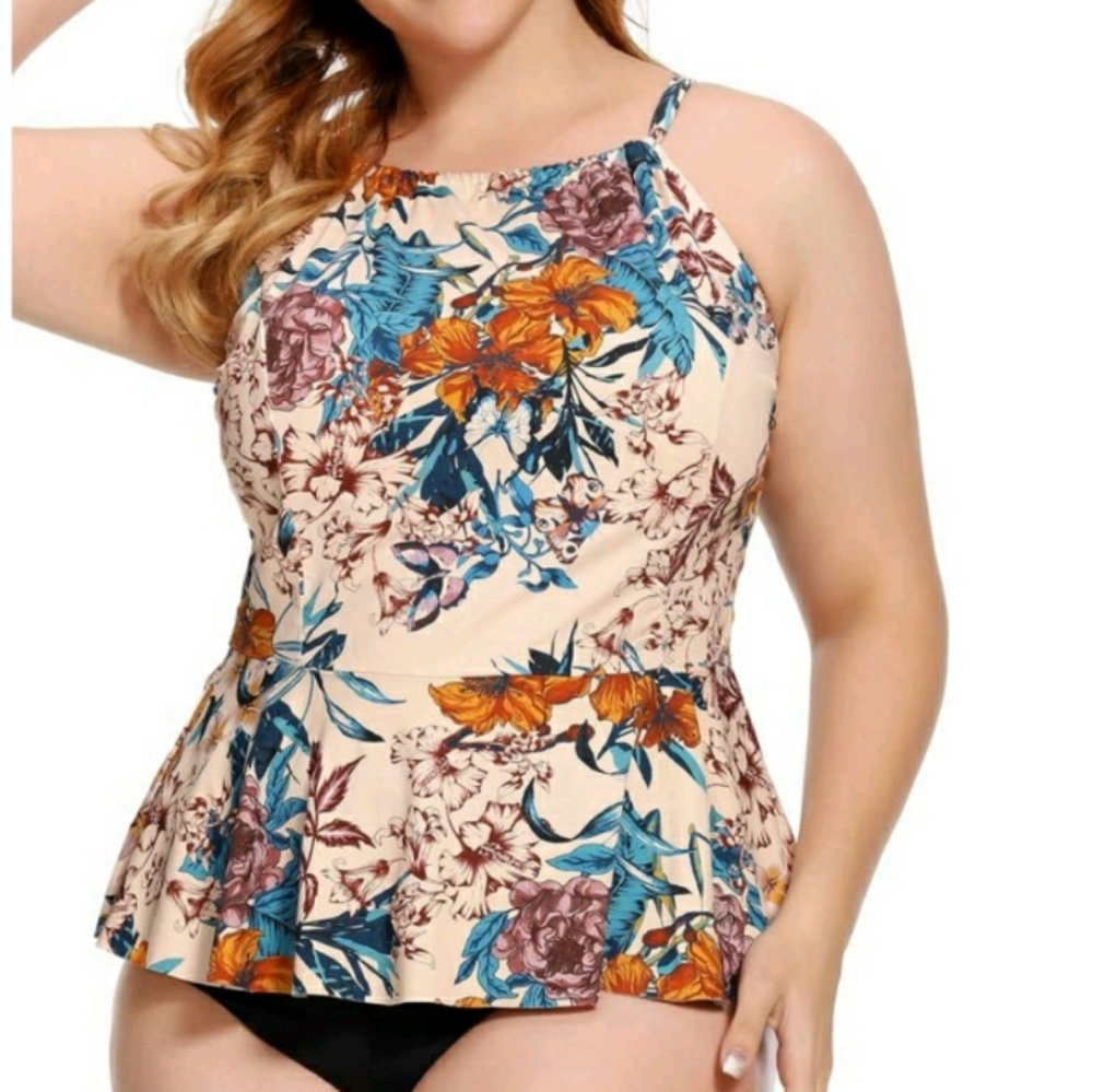 As Rose Rich Women's Blue Orange Floral 2 Piece Bathing Suit Swimwear 16W 1X NWT
